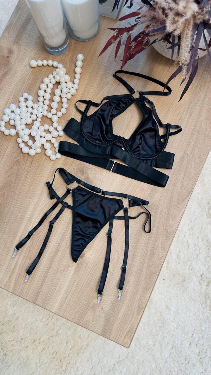 Black Satin Harness Lingerie Set