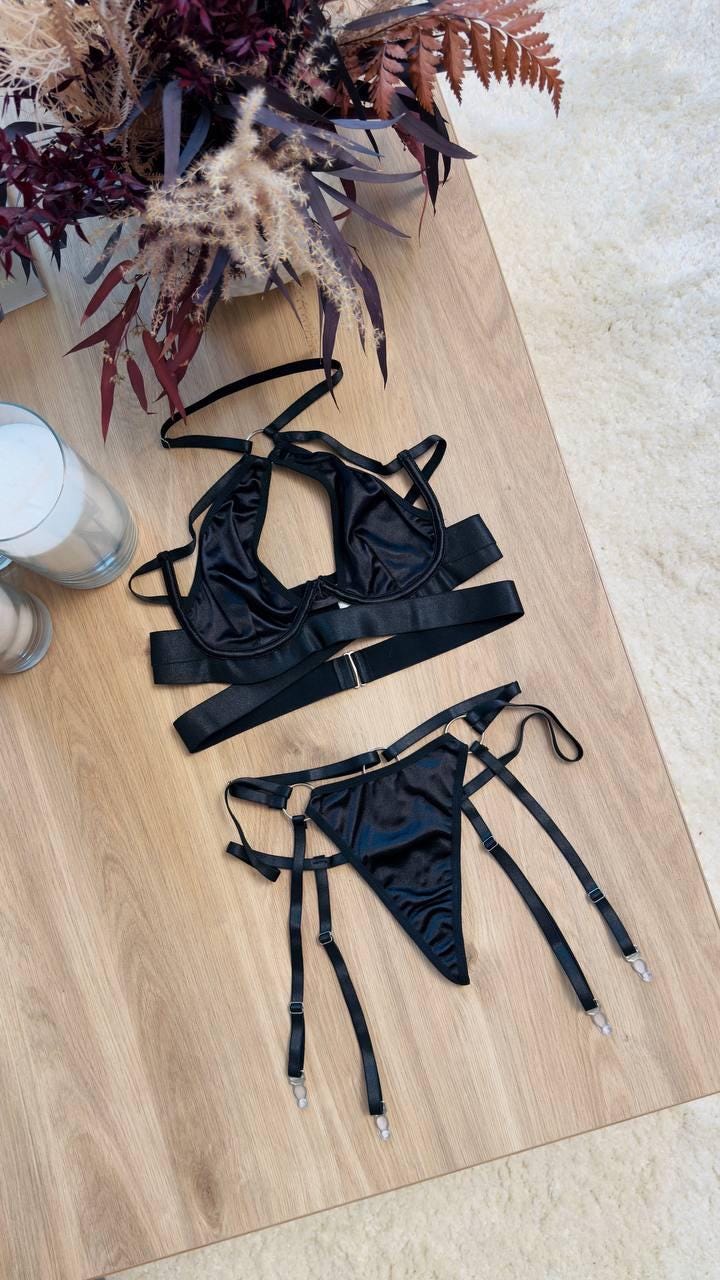 Black Satin Harness Lingerie Set