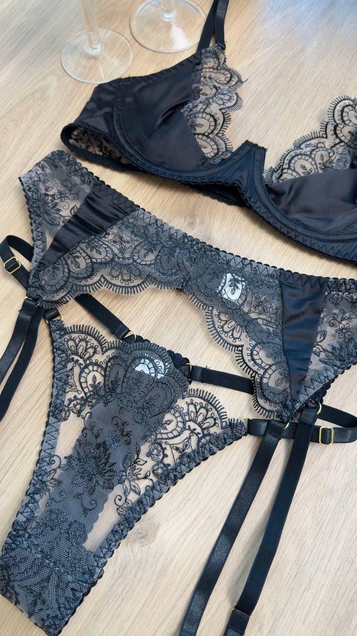 Luxury Black Lace Lingerie Set with Garter Belt
