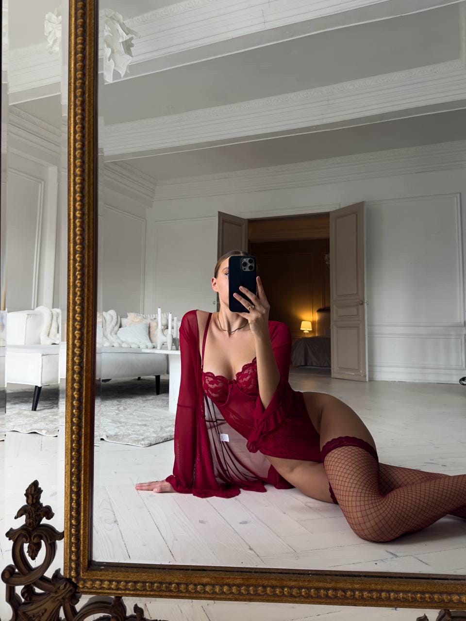 Burgundy Lace Lingerie Set with Robe