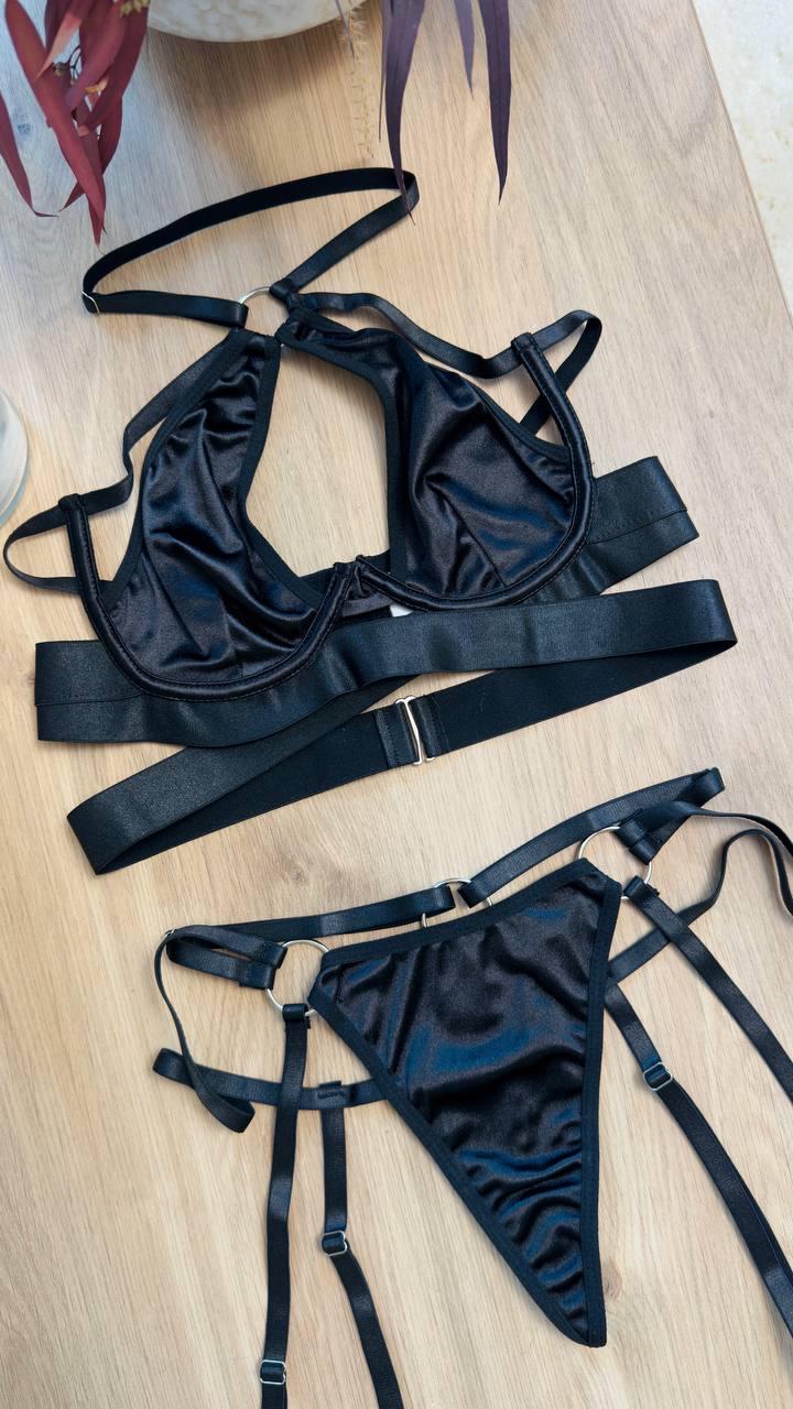 Black Satin Harness Lingerie Set