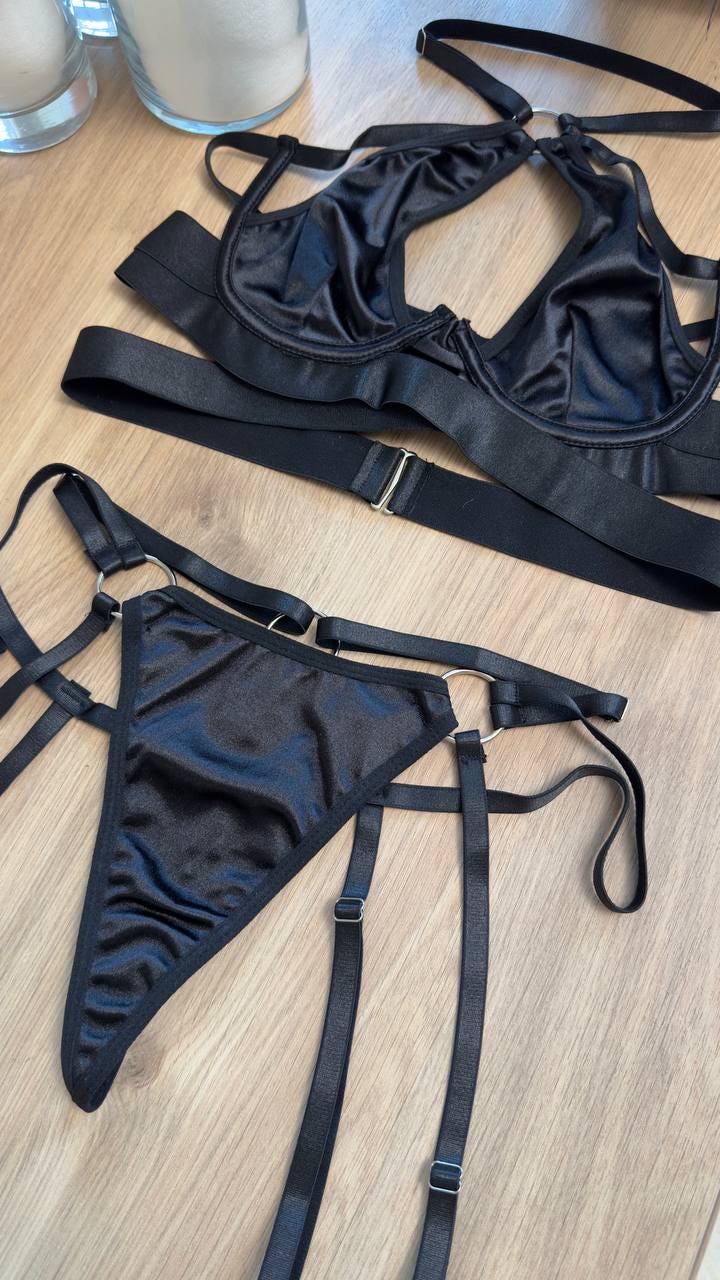 Black Satin Harness Lingerie Set