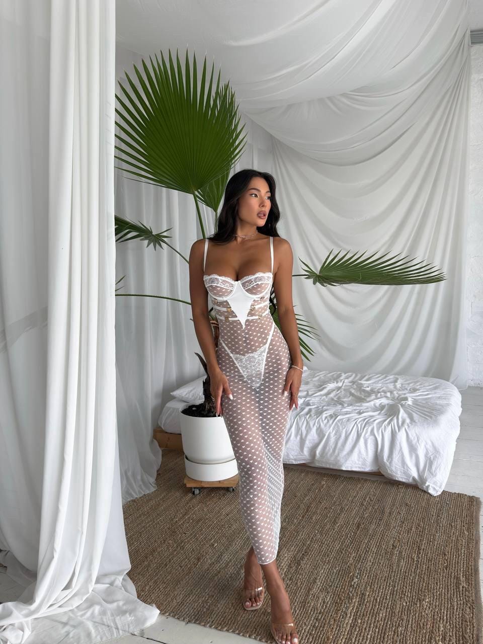 White Sheer Lace Corset Dress