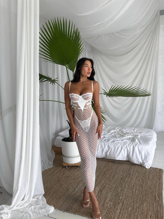 White Sheer Lace Corset Dress