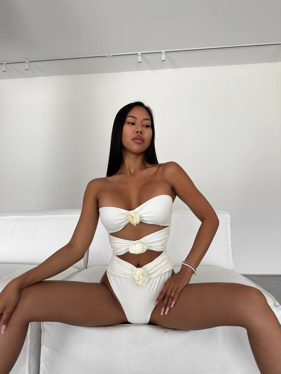 White Cut Out One Piece Swimsuit, Strapless Bandeau, Sexy Summer Resort Look