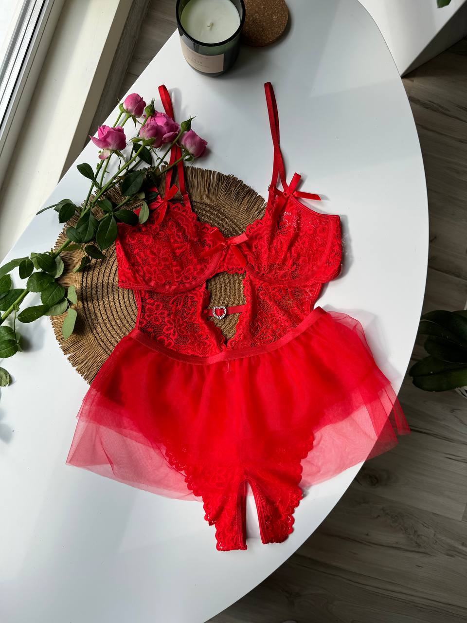 Red Lace Bodysuit Set with Sheer Skirt – Bodysuit & Tulle Overlay