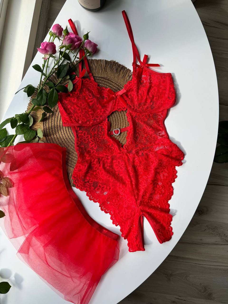 Red Lace Bodysuit Set with Sheer Skirt – Bodysuit & Tulle Overlay