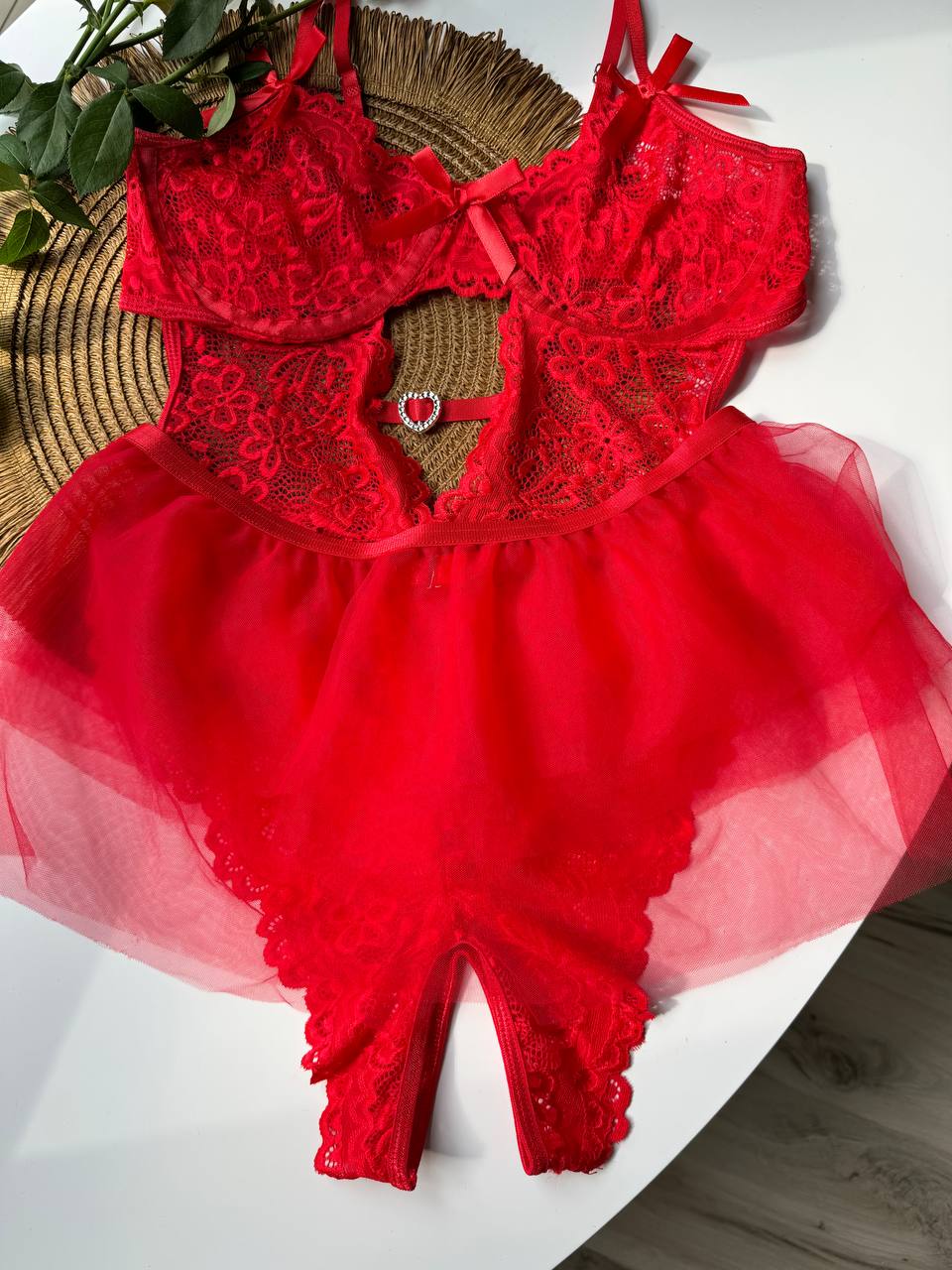 Red Lace Bodysuit Set with Sheer Skirt – Bodysuit & Tulle Overlay