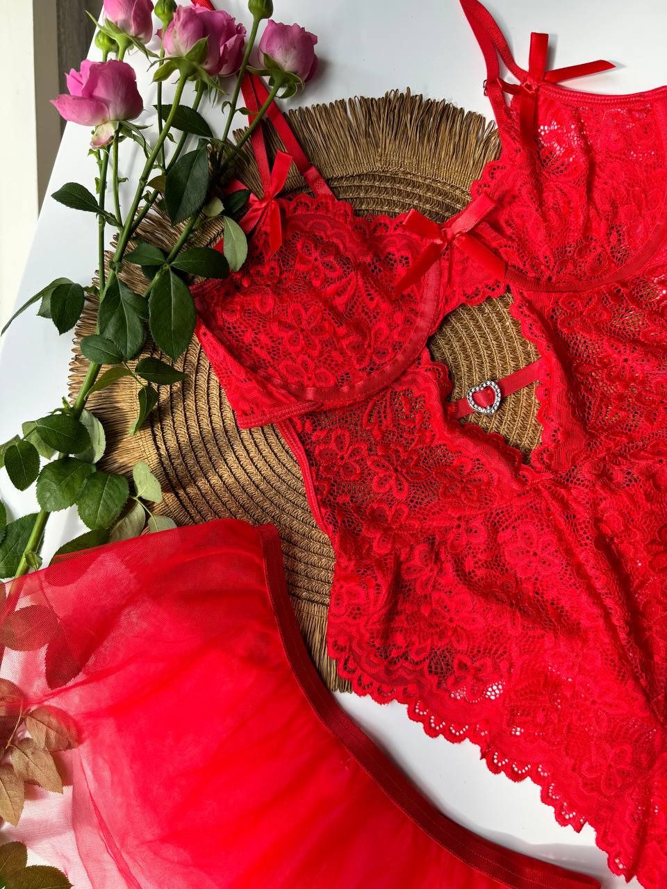 Red Lace Bodysuit Set with Sheer Skirt – Bodysuit & Tulle Overlay