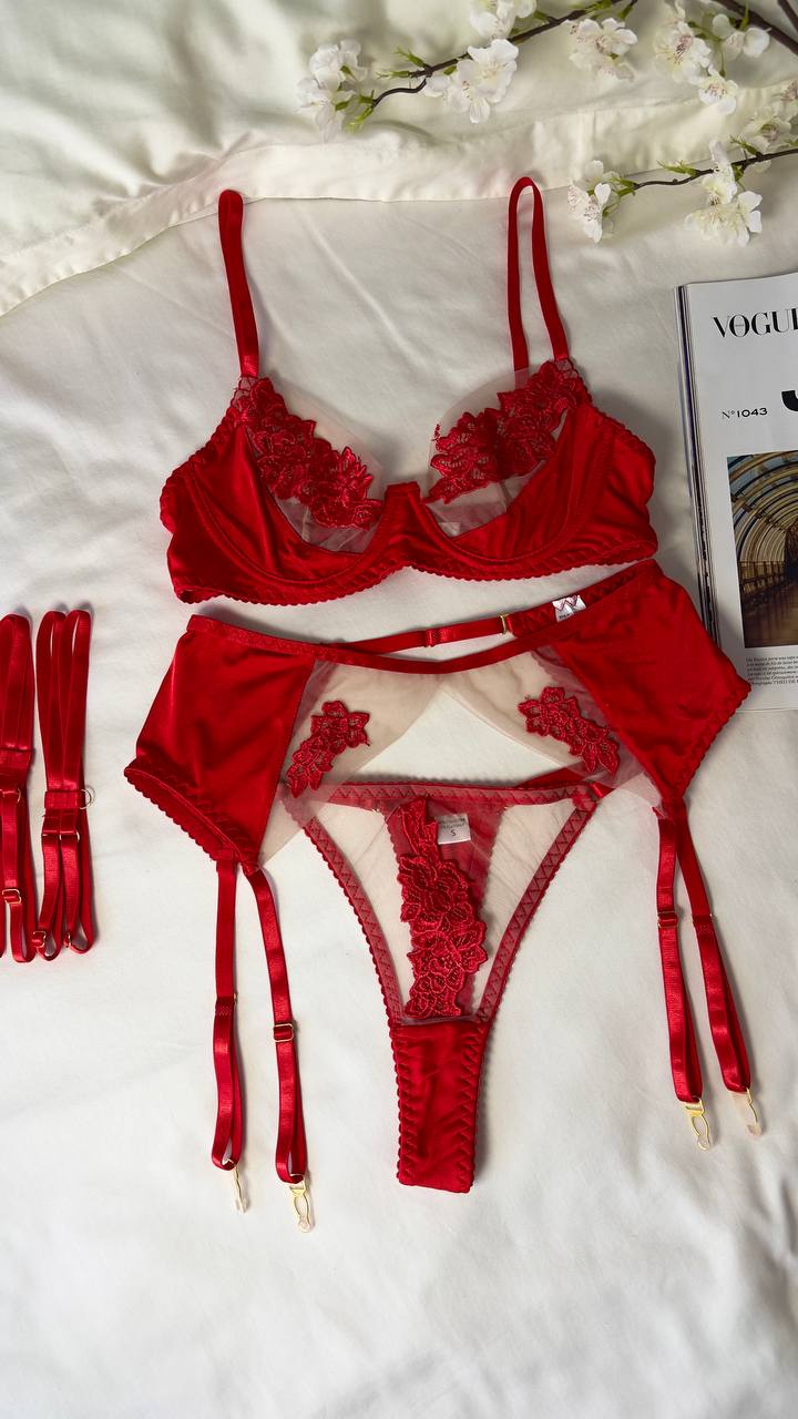 Red Lace Lingerie Set with High-Waisted Briefs & Garters – Bold Luxury Lingerie