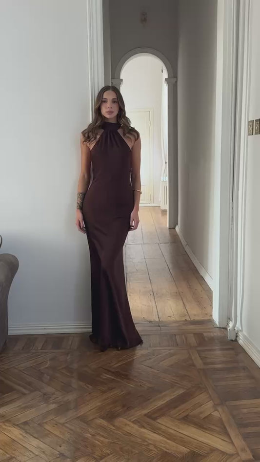 White Green Silk Halter Maxi Dress with Open Back