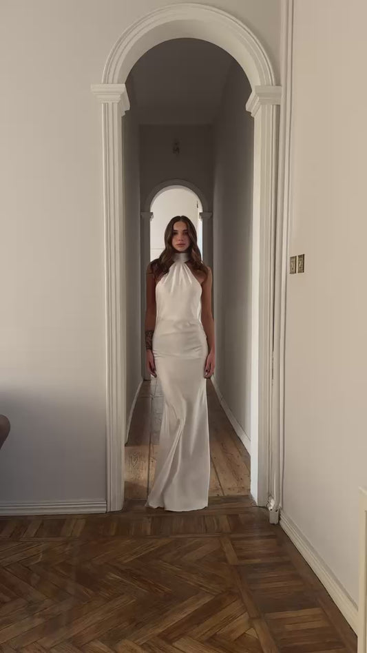 Red Silk Halter Maxi Dress with Open Back